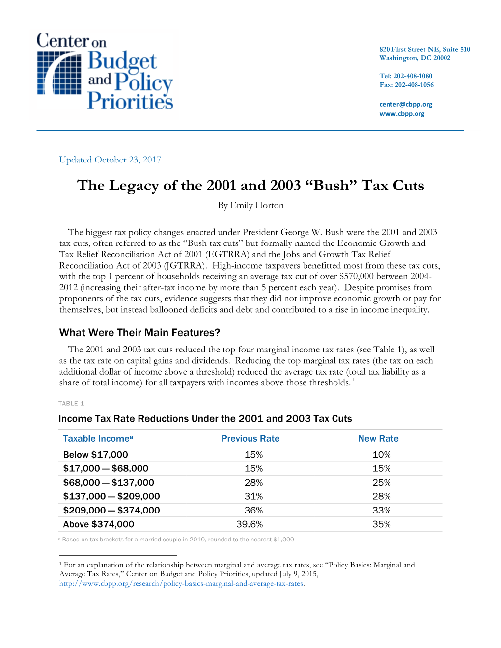 The Legacy of the 2001 and 2003 “Bush” Tax Cuts by Emily Horton