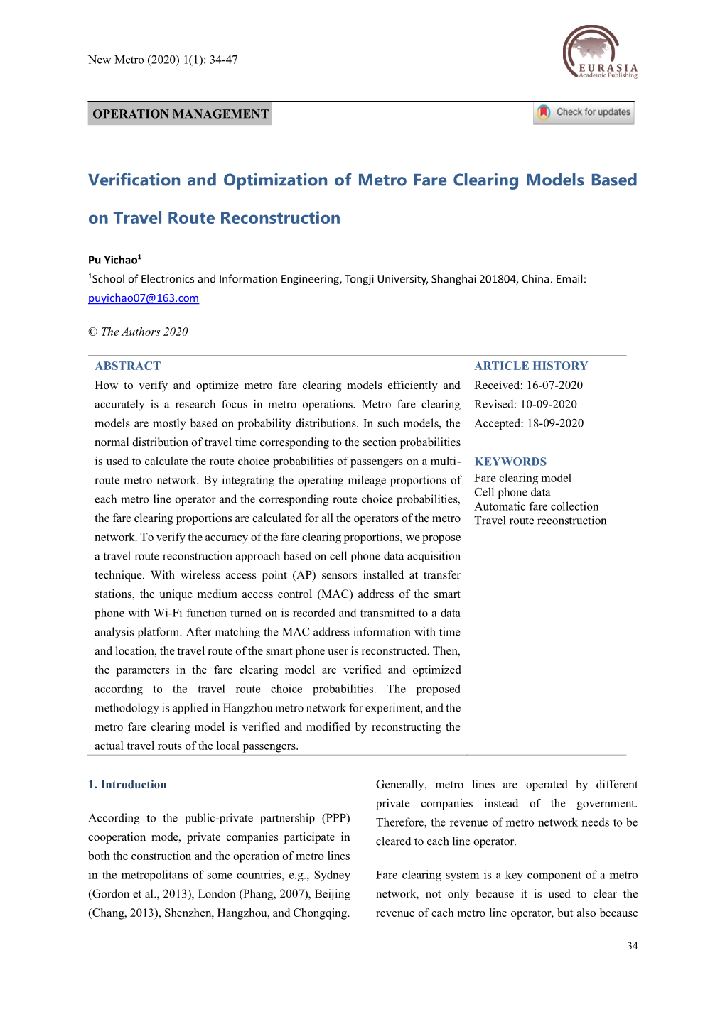 Metro Fare Clearing Model Verification and Optimization Based