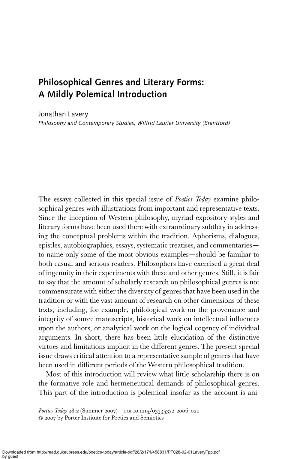 Philosophical Genres and Literary Forms: a Mildly Polemical Introduction