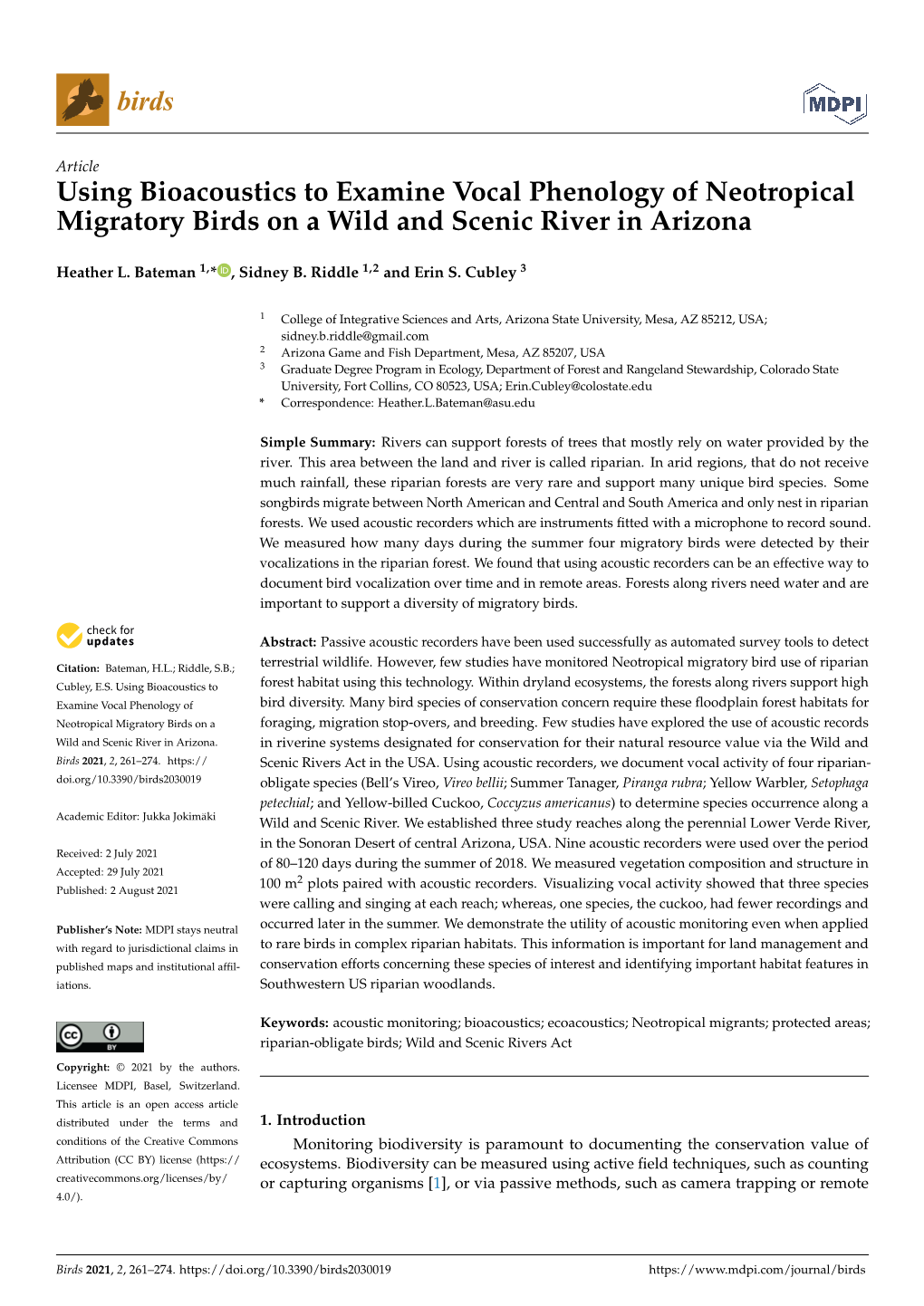 Using Bioacoustics to Examine Vocal Phenology of Neotropical Migratory Birds on a Wild and Scenic River in Arizona
