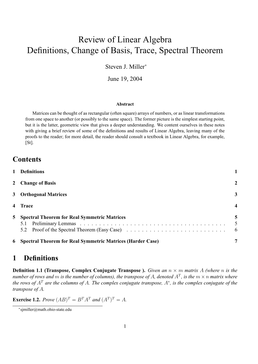 Review of Linear Algebra Definitions, Change of Basis, Trace, Spectral