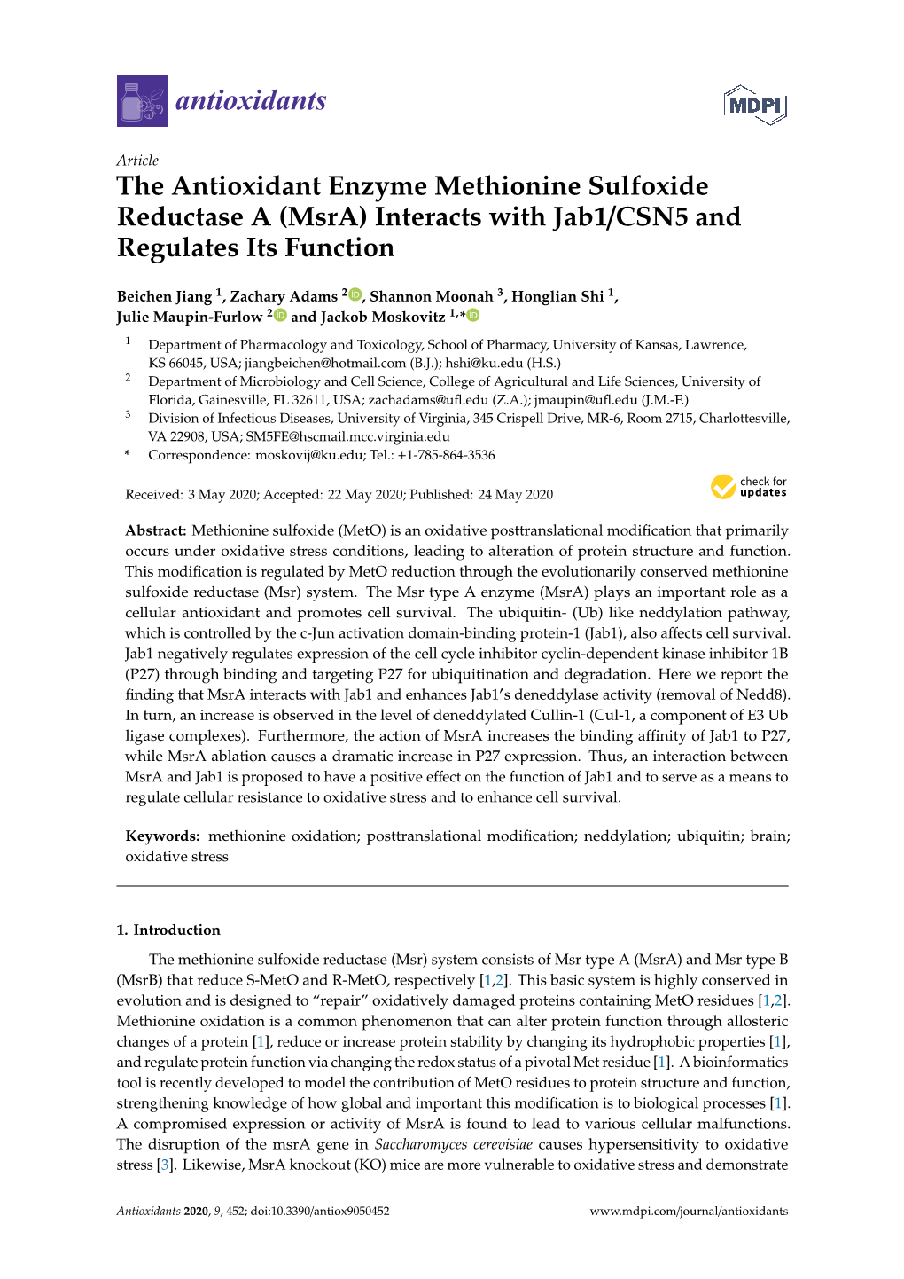 (Msra) Interacts with Jab1/CSN5 and Regulates Its Function
