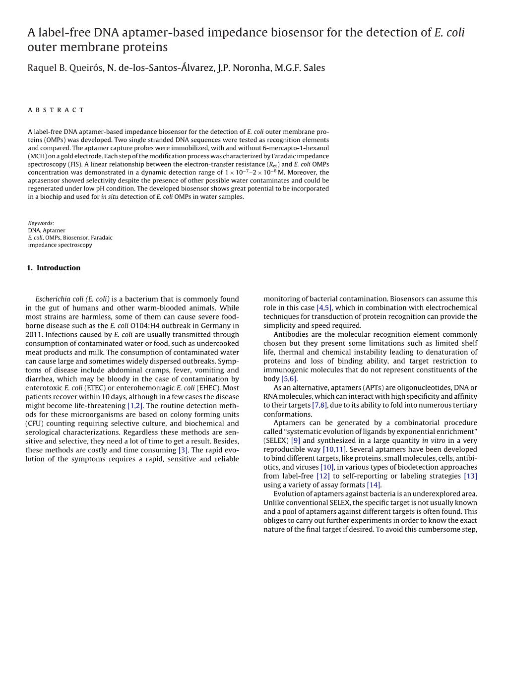 A Label-Free DNA Aptamer-Based Impedance Biosensor for the Detection of E