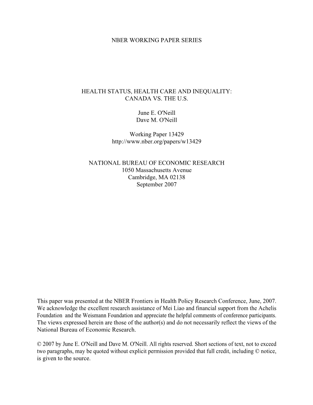 Nber Working Paper Series Health Status, Health Care