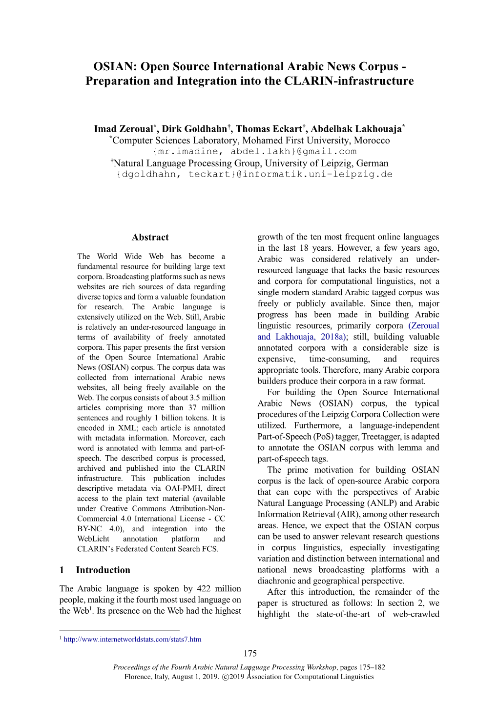 Open Source International Arabic News Corpus - Preparation and Integration Into the CLARIN-Infrastructure