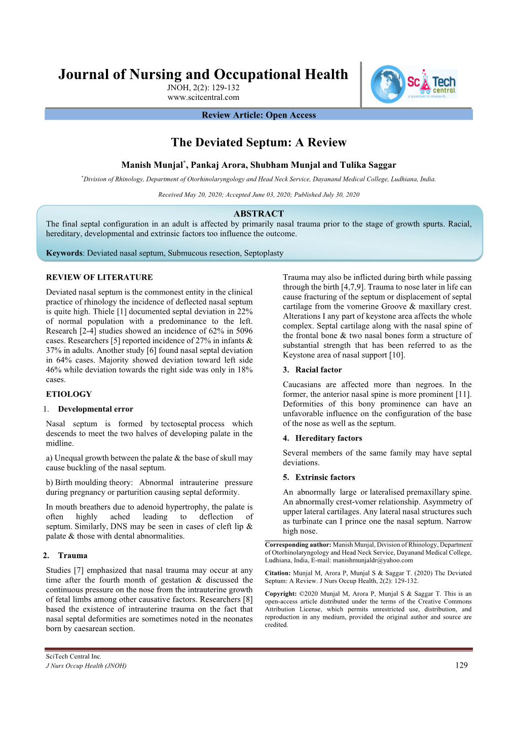 Journal of Nursing and Occupational Health JNOH, 2(2): 129-132 Review Article: Open Access