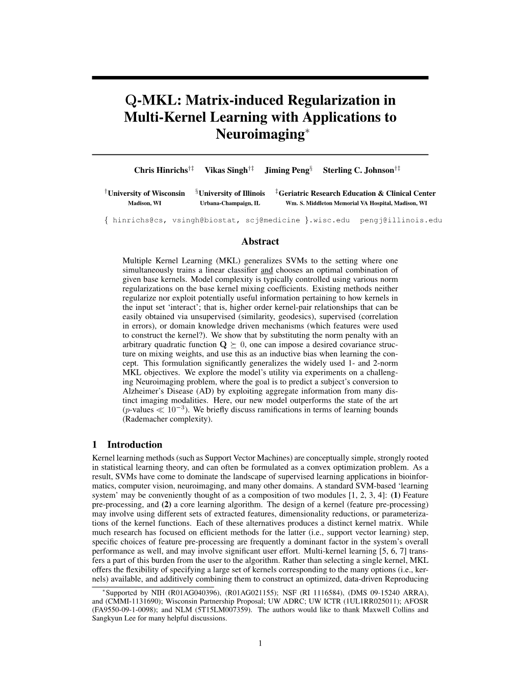 Q-MKL: Matrix-Induced Regularization in Multi-Kernel Learning with Applications to Neuroimaging∗