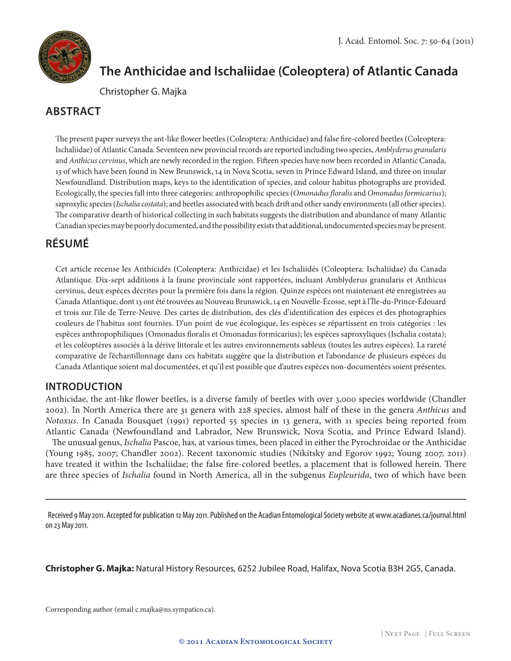 The Anthicidae and Ischaliidae (Coleoptera) of Atlantic Canada Christopher G