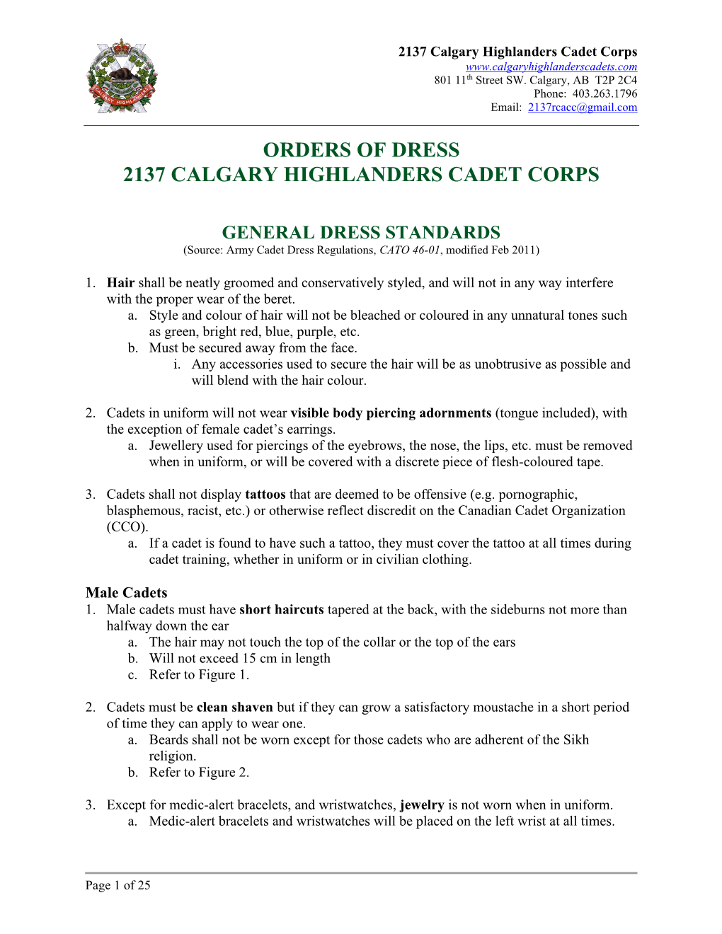 Orders of Dress 2137 Calgary Highlanders Cadet Corps