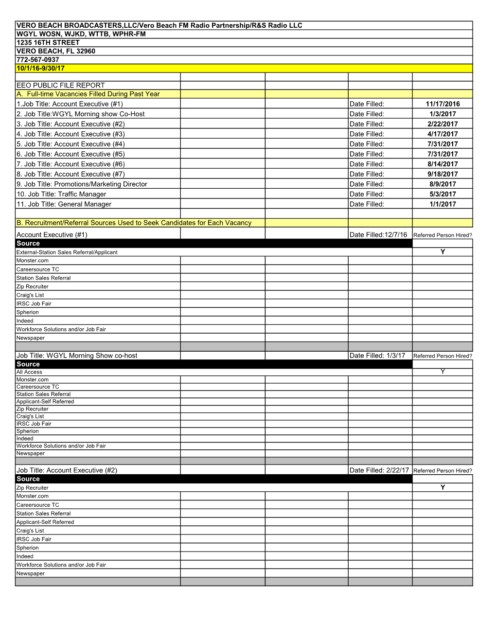 EEO PUBLIC FILE REPORT A. Full-Time Vacancies Filled During Past Year 1.Job Title: Account Executive (#1) Date Filled: 11/17/2016 2