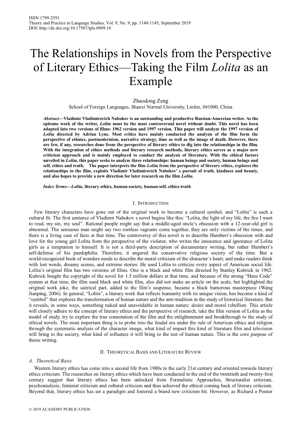 The Relationships in Novels from the Perspective of Literary Ethics—Taking the Film Lolita As an Example