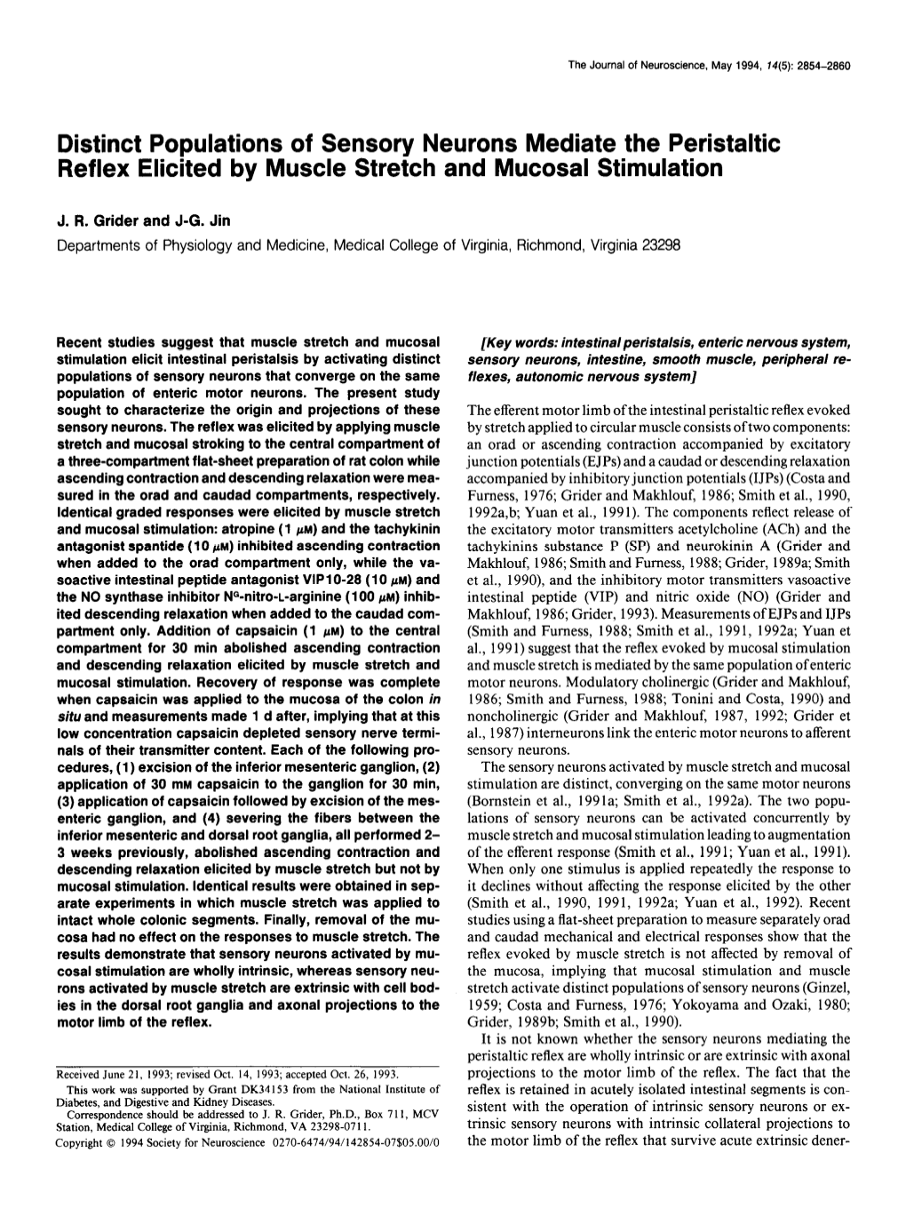 Distinct Populations of Sensory Neurons Mediate the Peristaltic Reflex Elicited by Muscle Stretch and Mucosal Stimulation