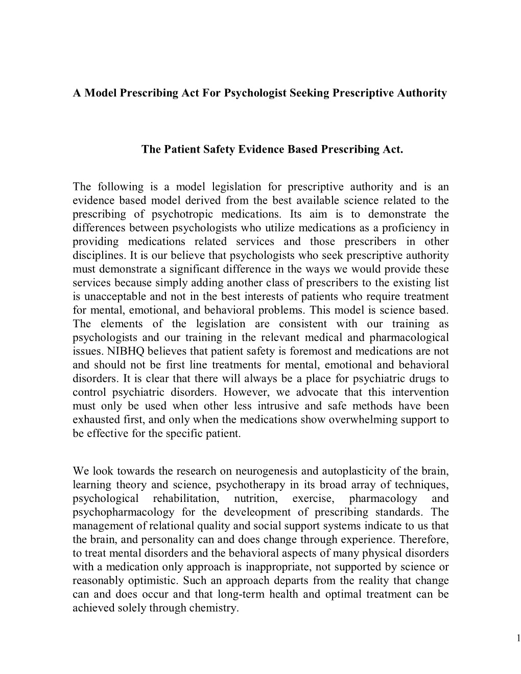 A Model Prescribing Act for Psychologist Seeking Prescriptive Authority