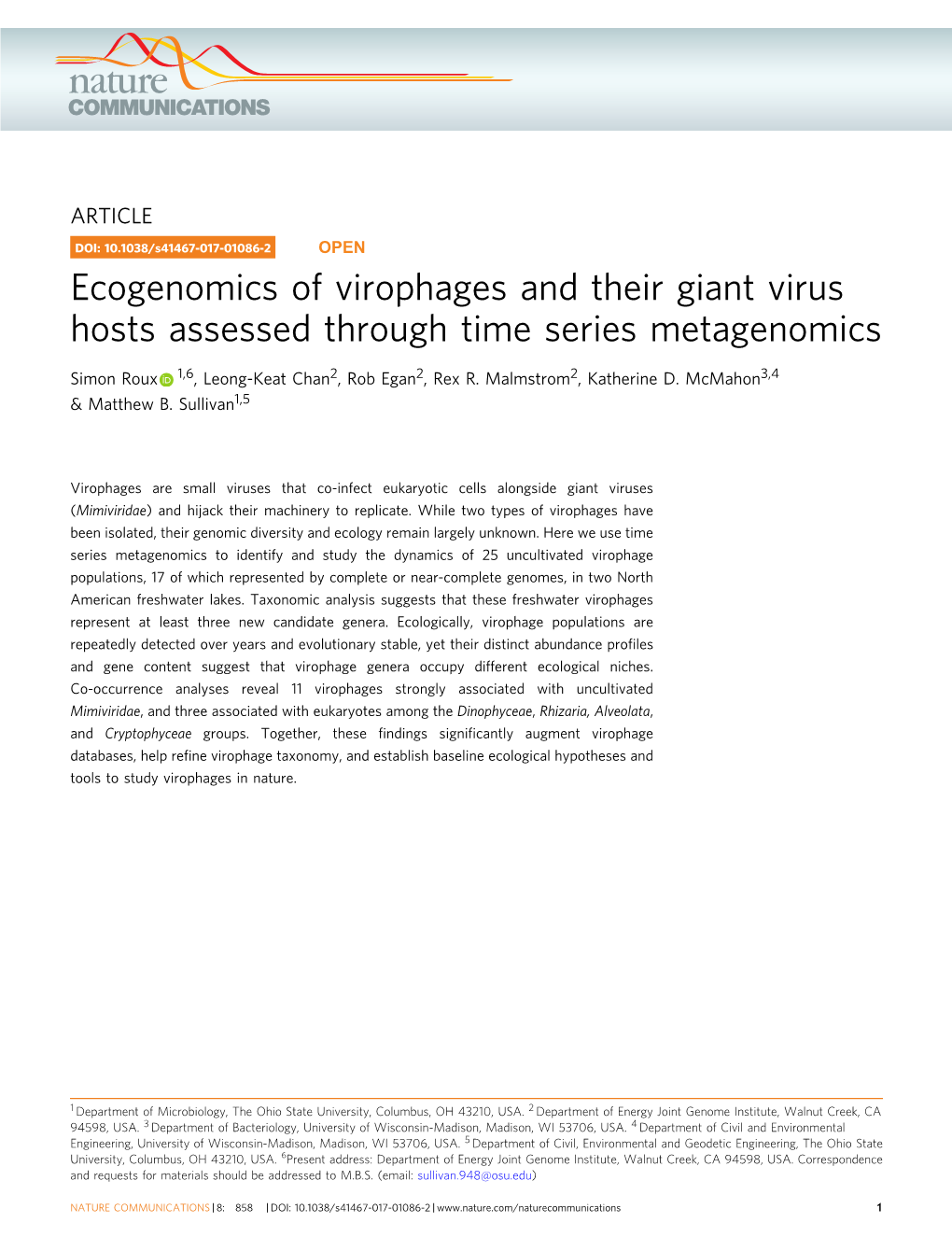 Ecogenomics of Virophages and Their Giant Virus Hosts Assessed Through Time Series Metagenomics