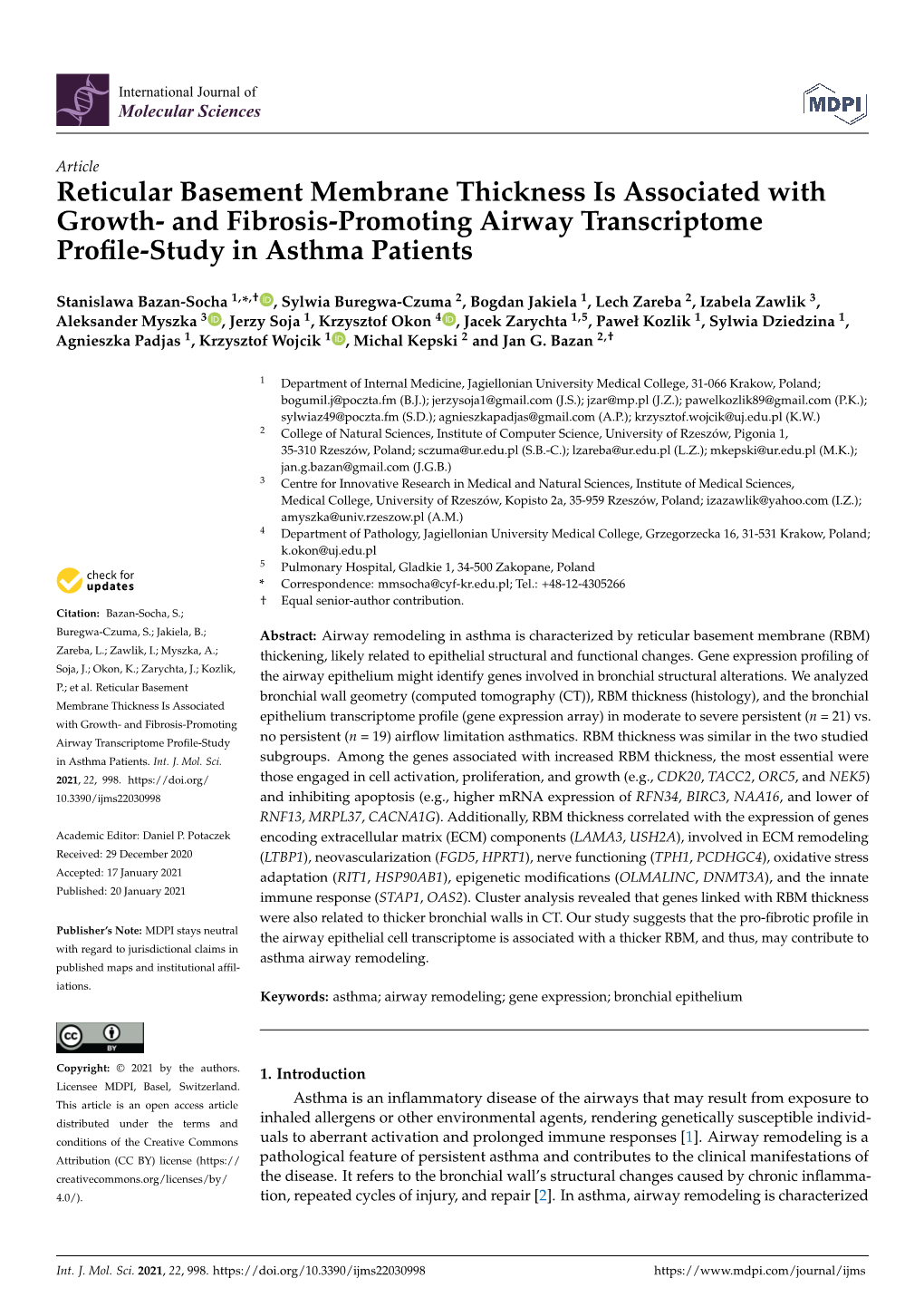 Reticular Basement Membrane Thickness Is Associated with Growth- and Fibrosis-Promoting Airway Transcriptome Profile-Study in As