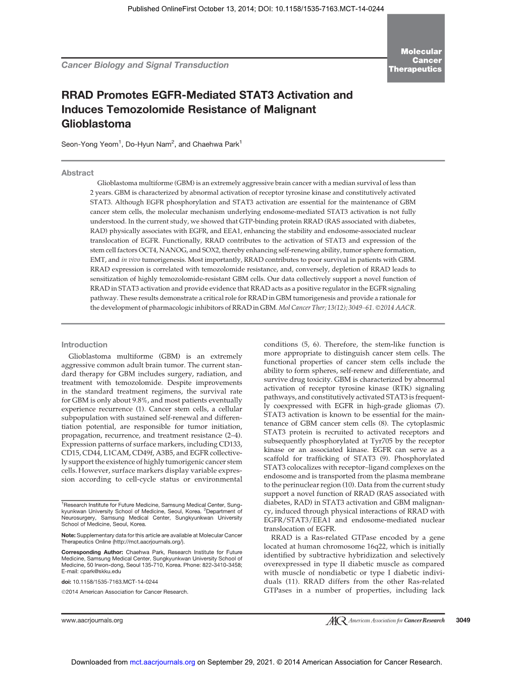 RRAD Promotes EGFR-Mediated STAT3 Activation and Induces Temozolomide Resistance of Malignant Glioblastoma