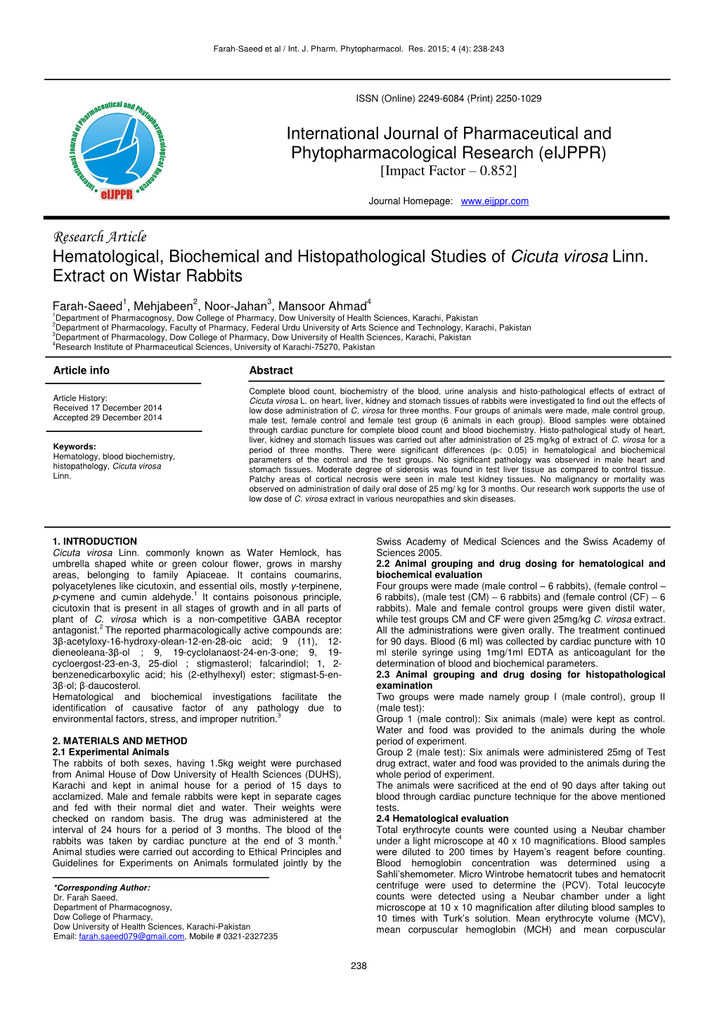 Hematological, Biochemical and Histopathological Studies of Cicuta Virosa Linn