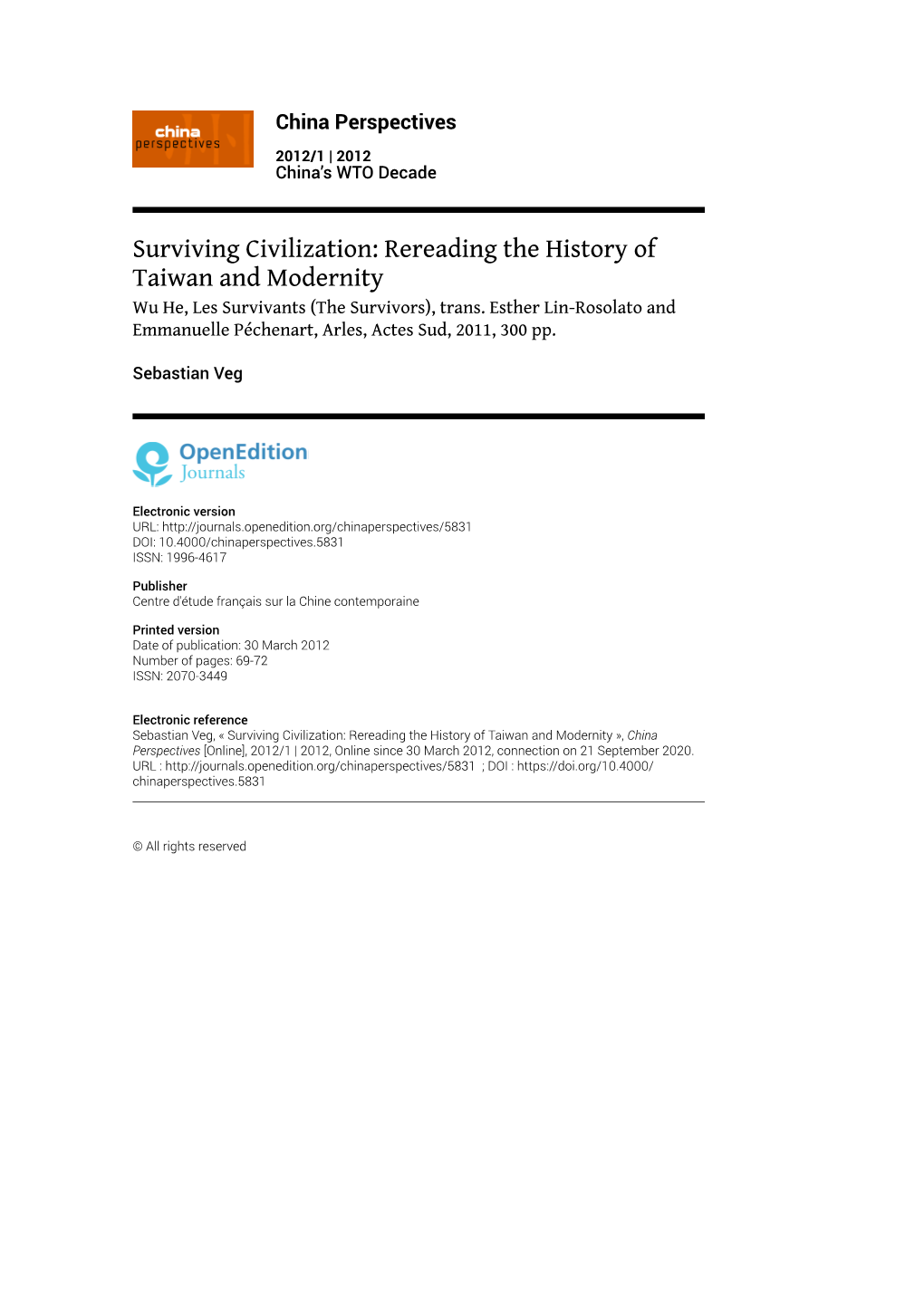 Surviving Civilization: Rereading the History of Taiwan and Modernity Wu He, Les Survivants (The Survivors), Trans