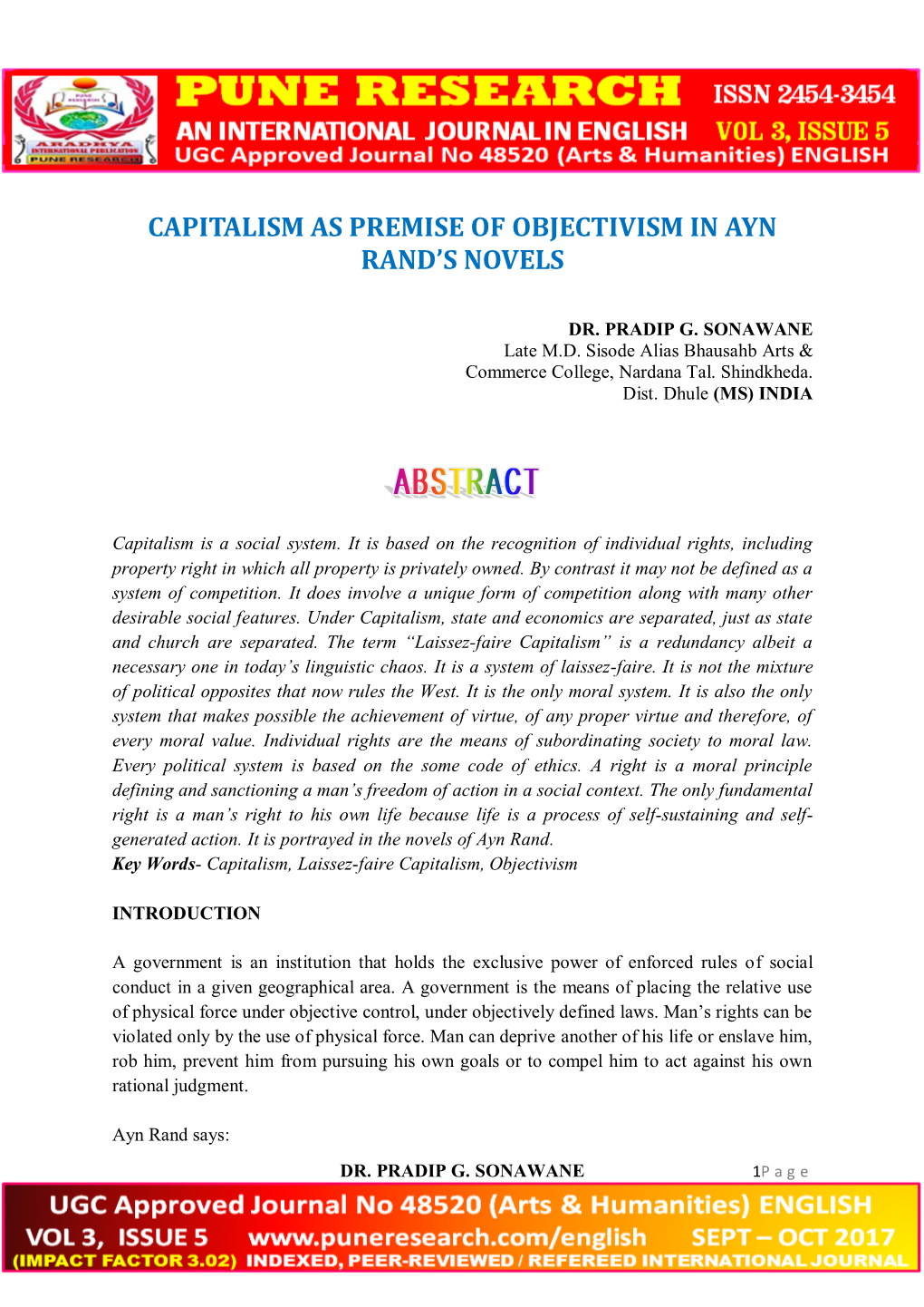 Capitalism As Premise of Objectivism in Ayn Rand's Novels