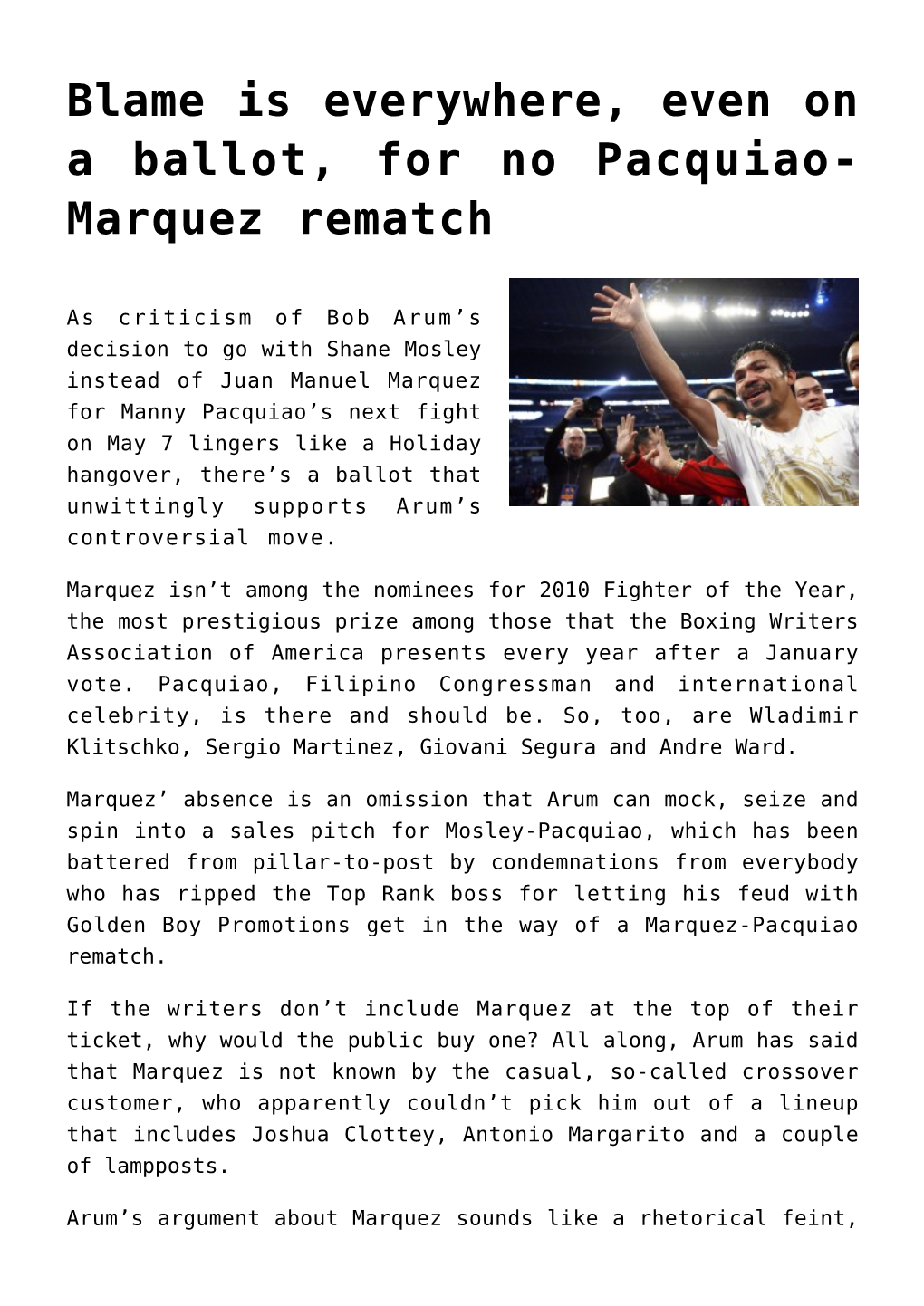 Blame Is Everywhere, Even on a Ballot, for No Pacquiao-Marquez