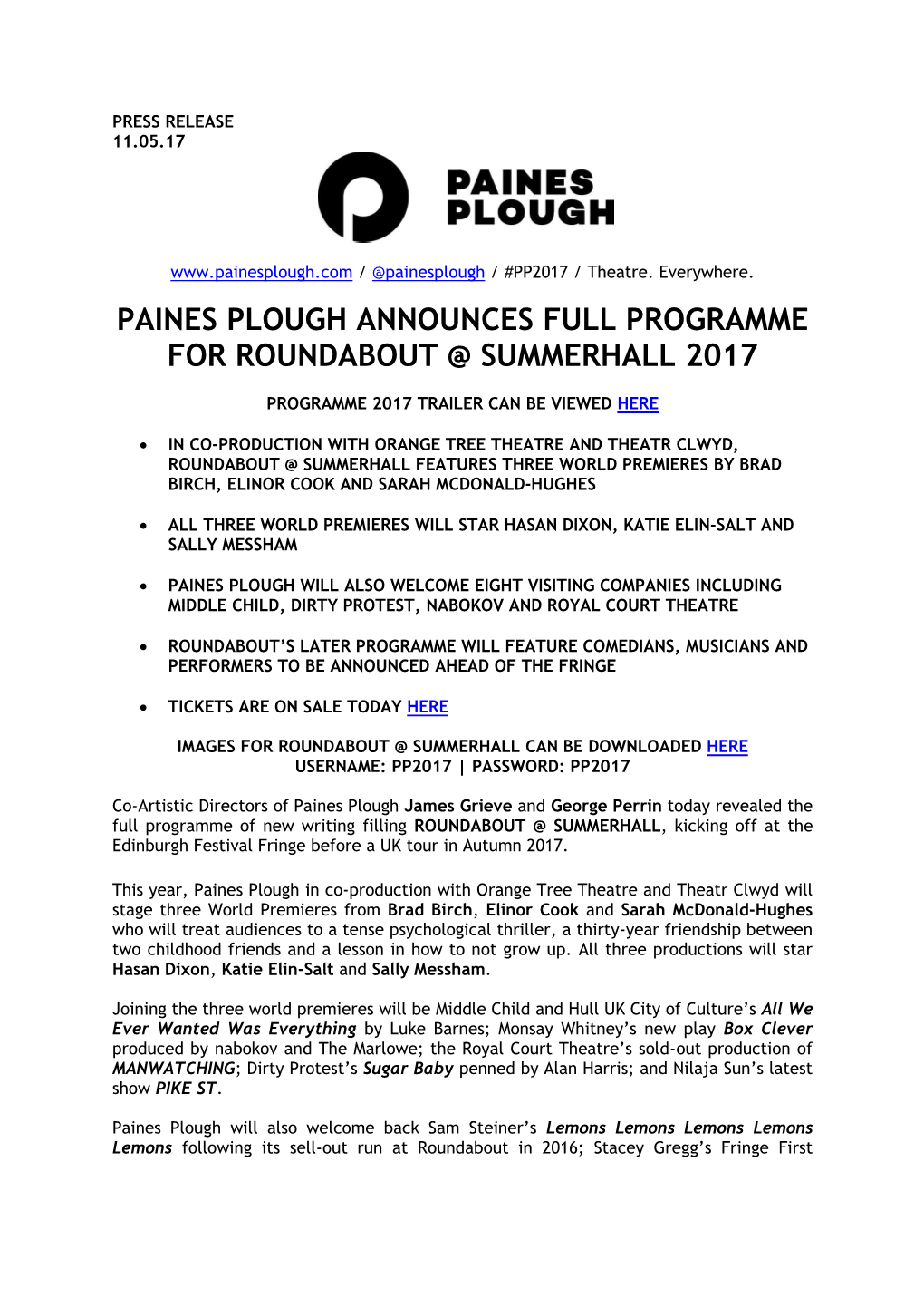 Paines Plough Announces Full Programme for Roundabout @ Summerhall 2017