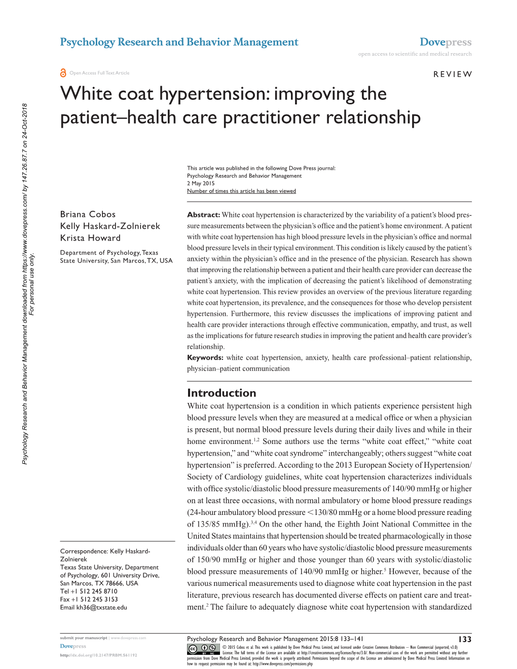 White Coat Hypertension: Improving the Patient–Health Care Practitioner Relationship