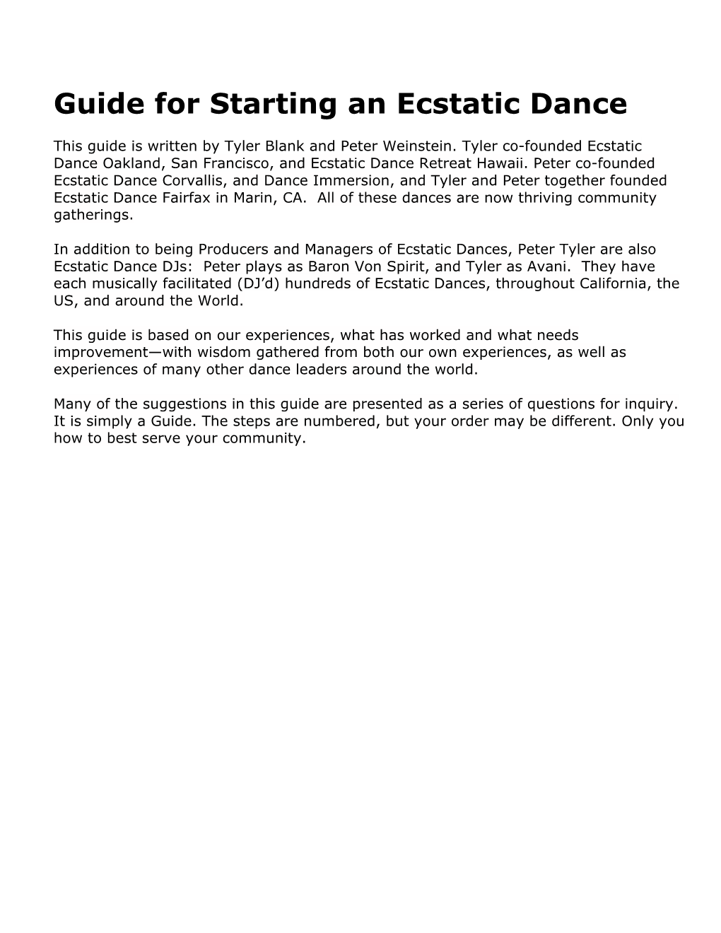 Guide for Starting an Ecstatic Dance