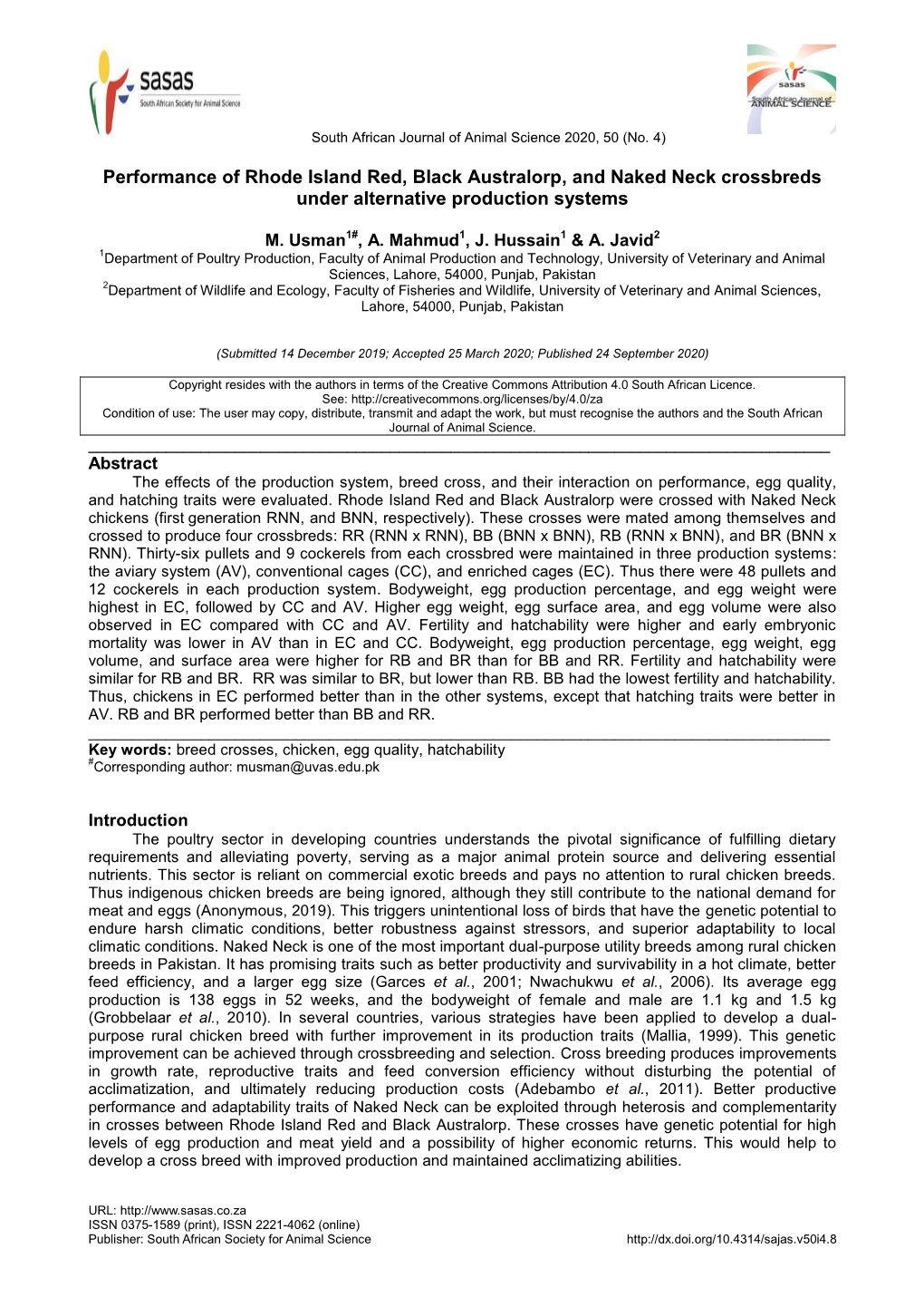 Performance of Rhode Island Red, Black Australorp, and Naked Neck Crossbreds Under Alternative Production Systems