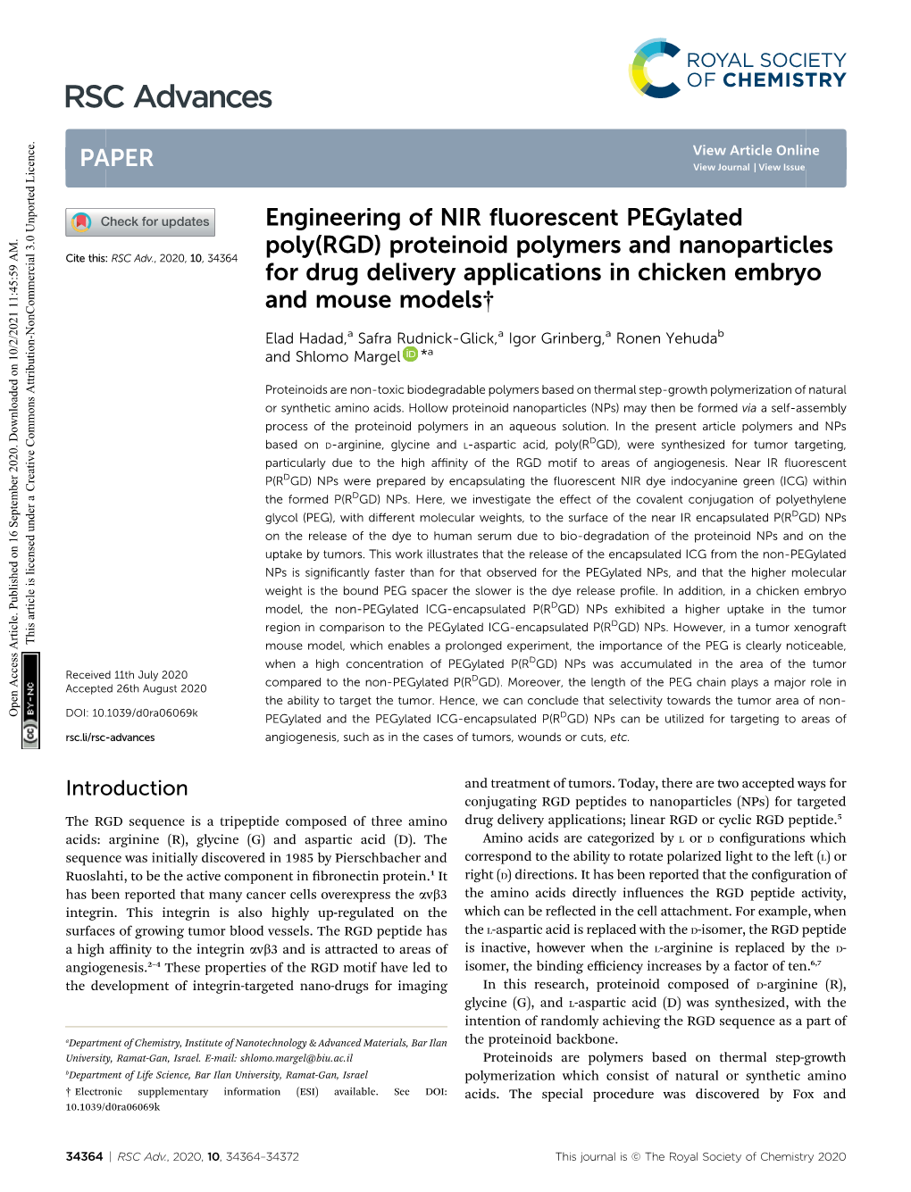 Engineering of NIR Fluorescent Pegylated Poly(RGD) Proteinoid Polymers and Nanoparticles for Drug Delivery Applications in Chick