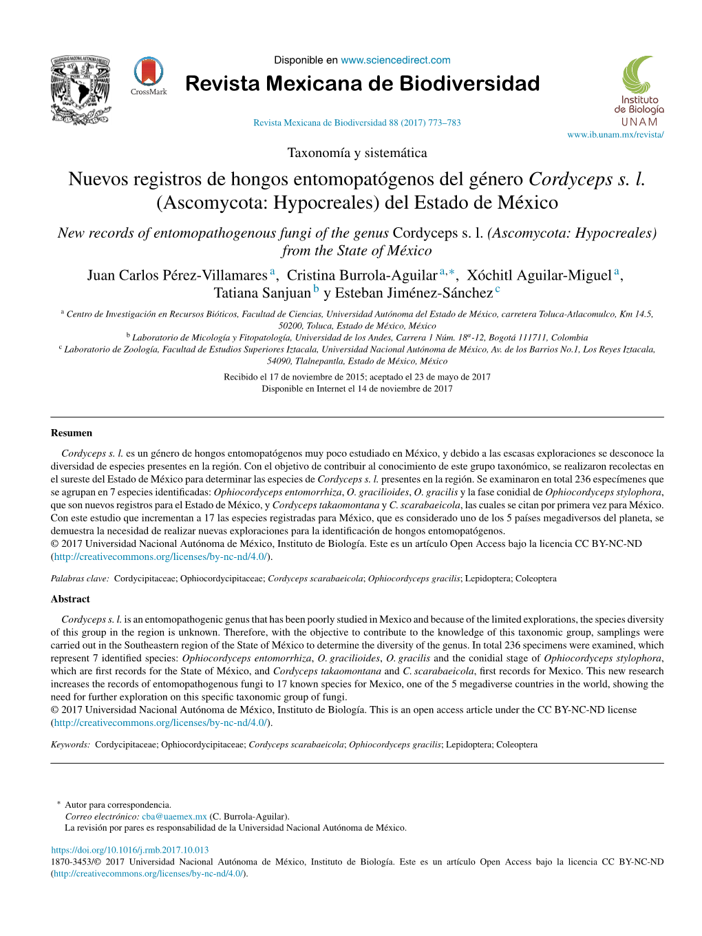 Nuevos Registros De Hongos Entomopatógenos Del Género Cordyceps S