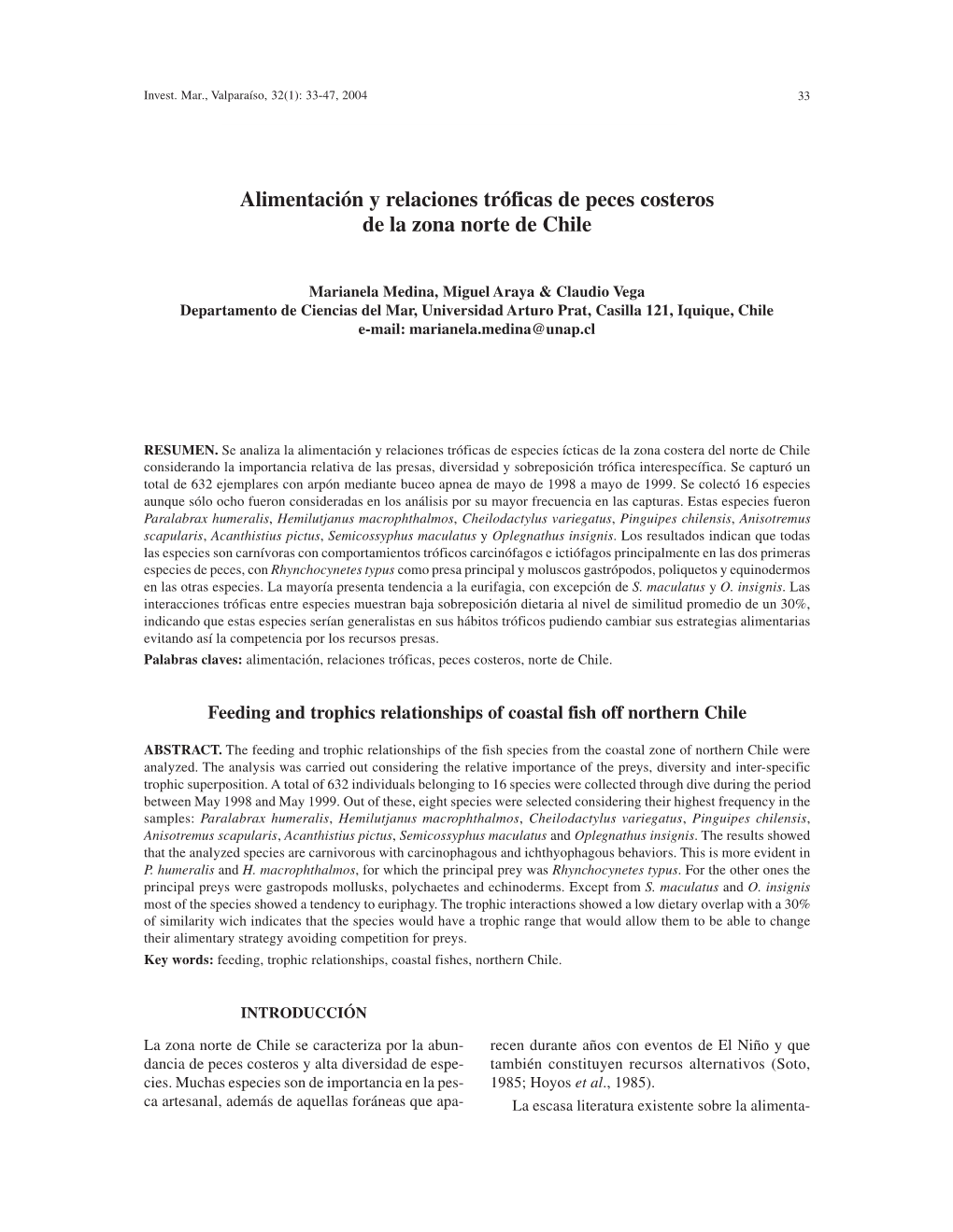 Alimentación Y Relaciones Tróficas De Peces Costeros De La Zona Norte De Chile