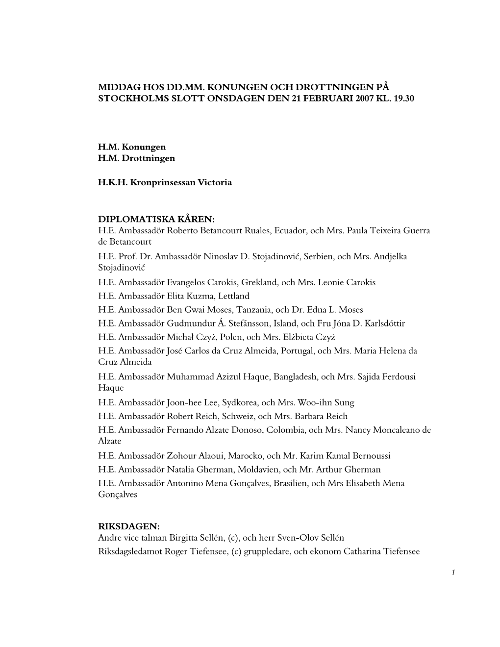 MIDDAG HOS DD.MM. KONUNGEN OCH DROTTNINGEN PÅ STOCKHOLMS SLOTT ONSDAGEN DEN 21 FEBRUARI 2007 KL. 19.30 H.M. Konungen H.M. Drott