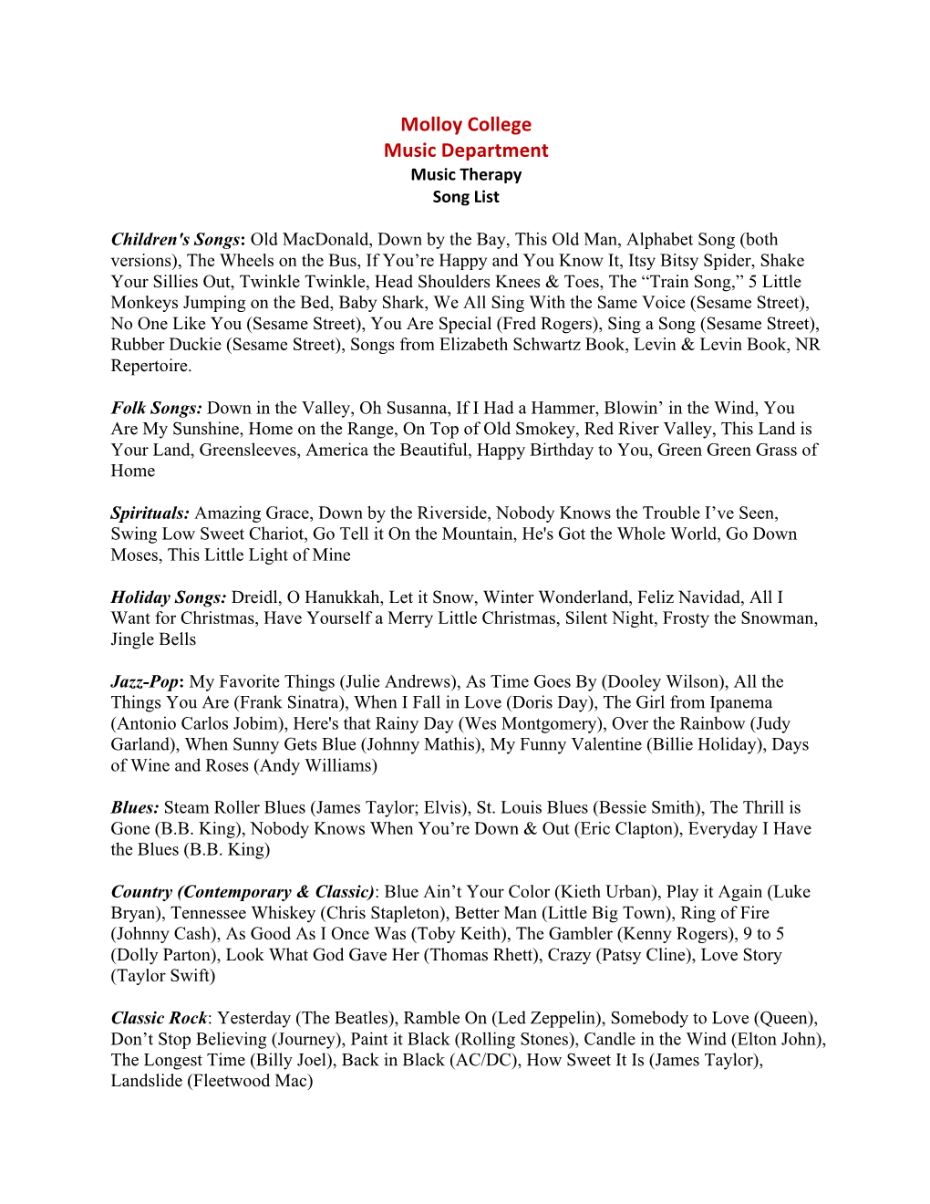 Molloy College Music Department Music Therapy Song List