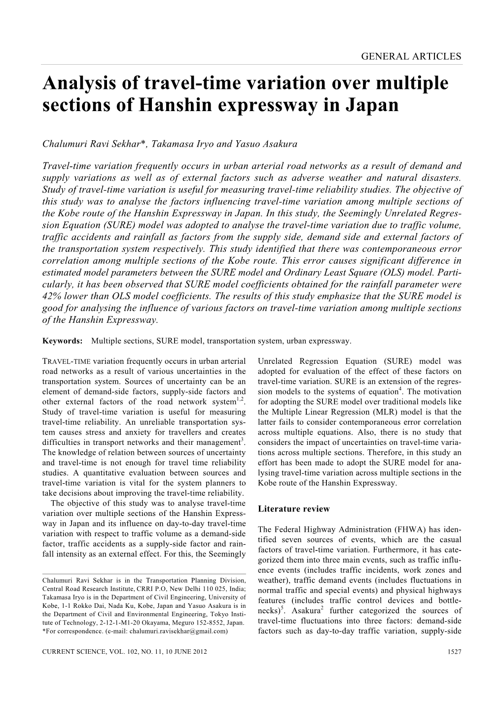 Analysis of Travel-Time Variation Over Multiple Sections of Hanshin Expressway in Japan