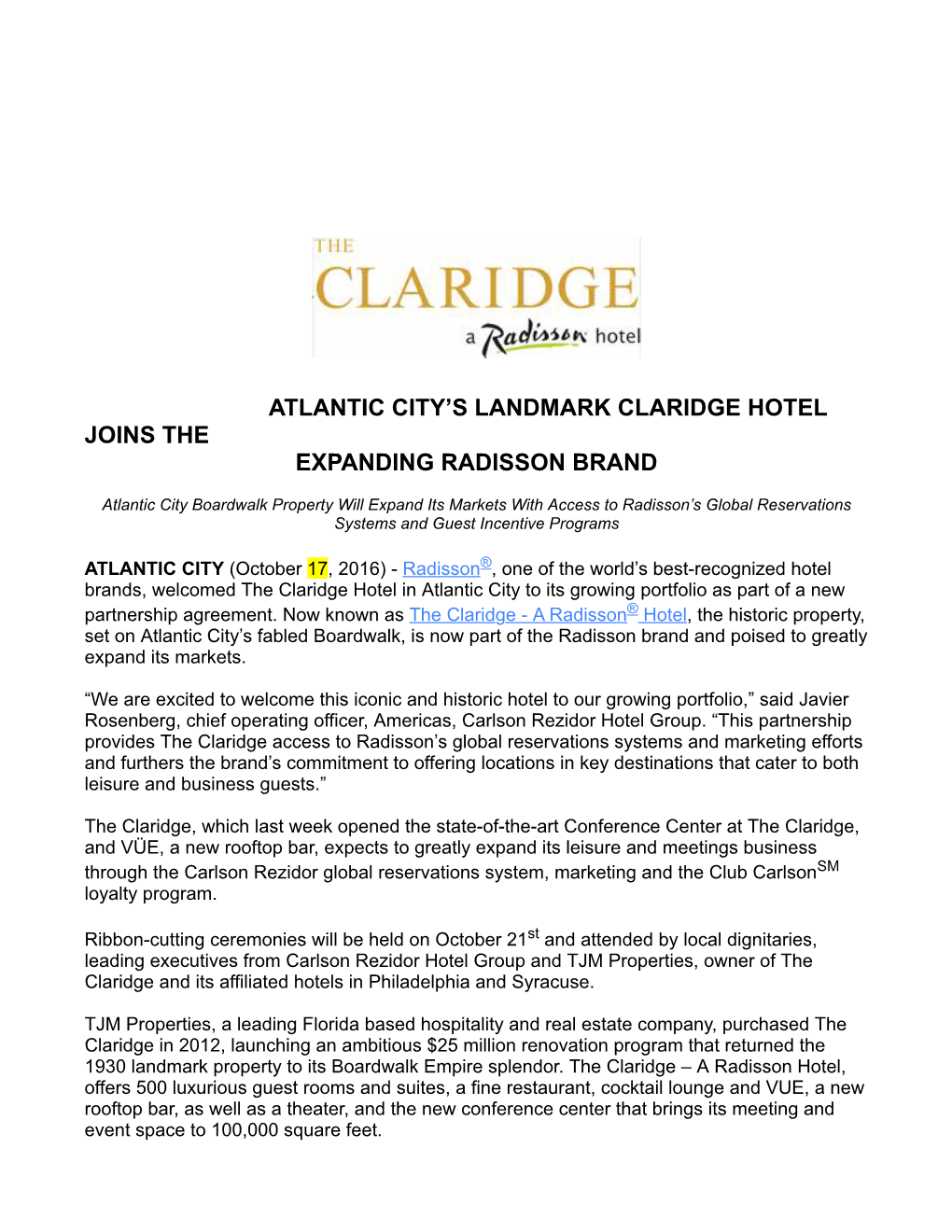 Atlantic Citys Landmark Claridge Hotel Joins the Expanding