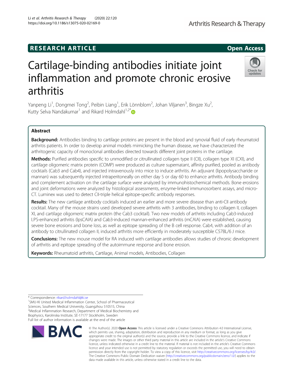 Cartilage-Binding Antibodies Initiate Joint Inflammation and Promote Chronic Erosive Arthritis