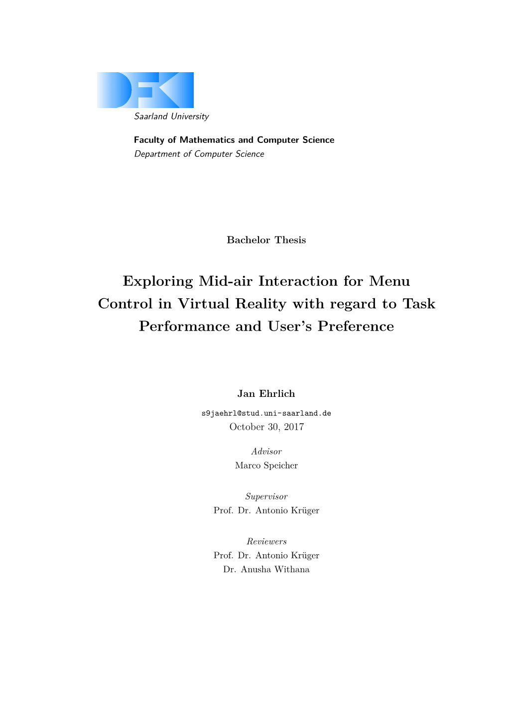 Exploring Mid-Air Interaction for Menu Control in Virtual Reality with Regard to Task Performance and User’S Preference