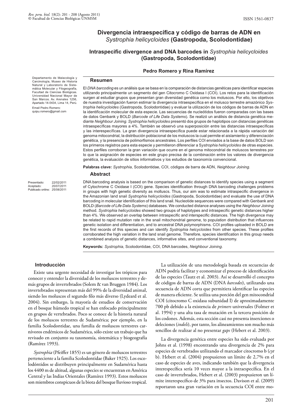 Divergencia Intraespecífica Y Código De Barras De ADN En Systrophiaissn Helicycloides 1561-0837