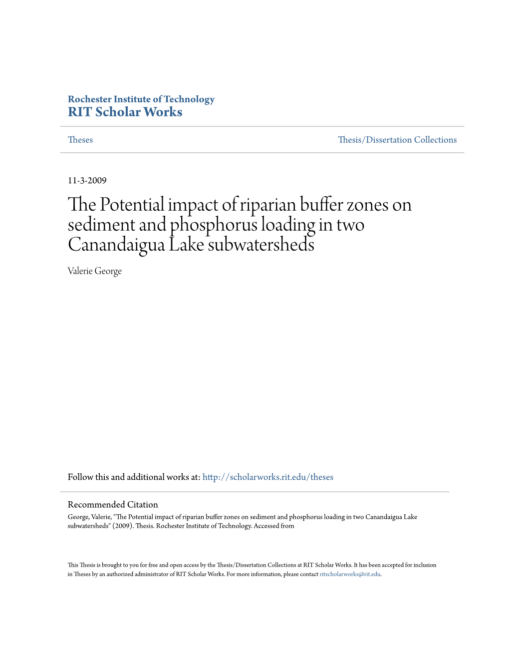 The Potential Impact of Riparian Buffer Zones on Sediment and Phosphorus Loading in Two Canandaigua Lake Subwatersheds