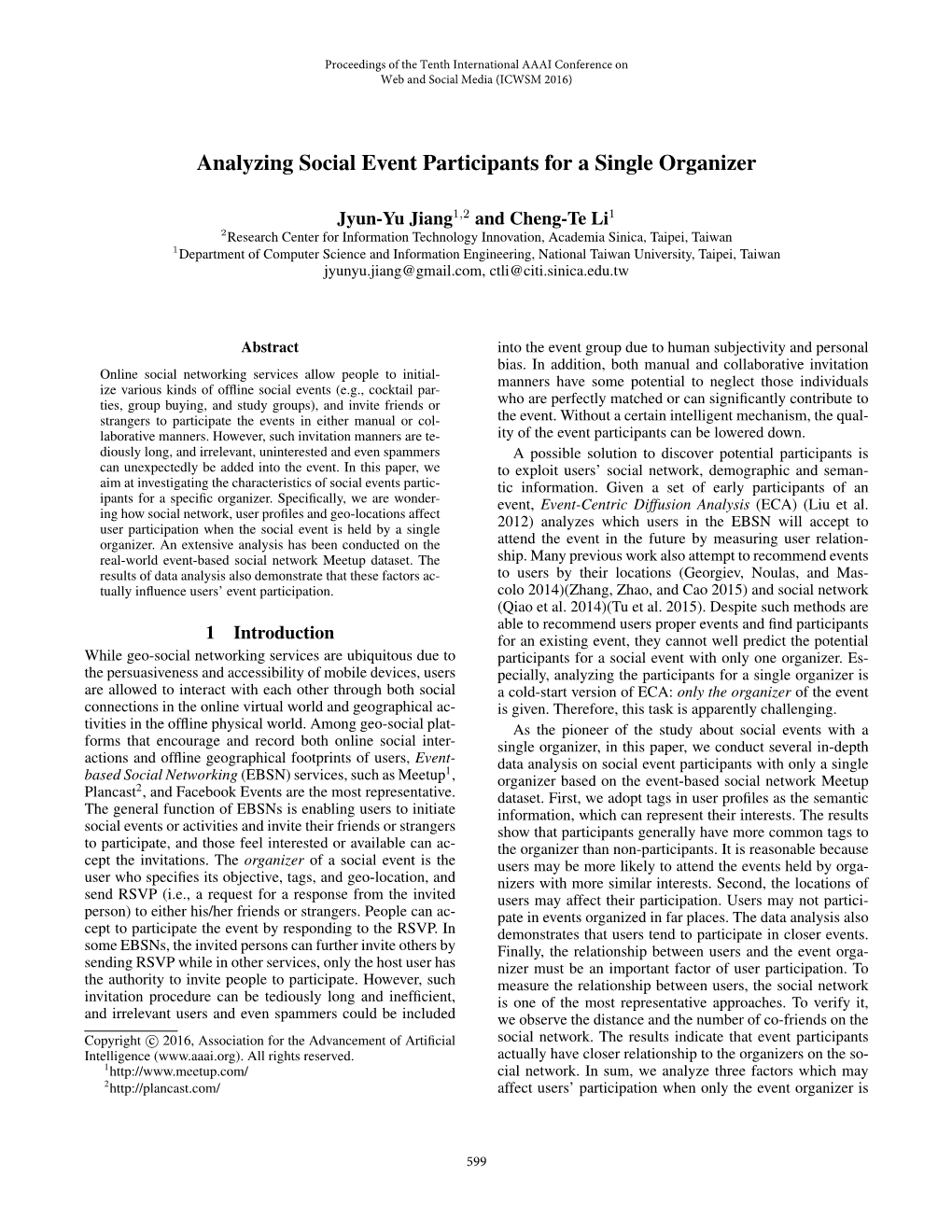 Analyzing Social Event Participants for a Single Organizer