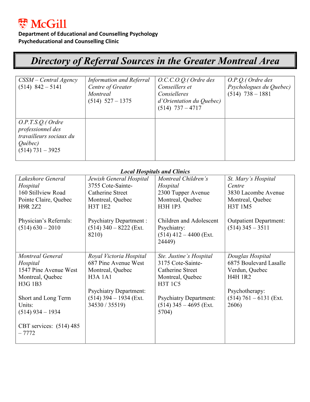 Directory of Referral Sources in the Greater Montreal Area