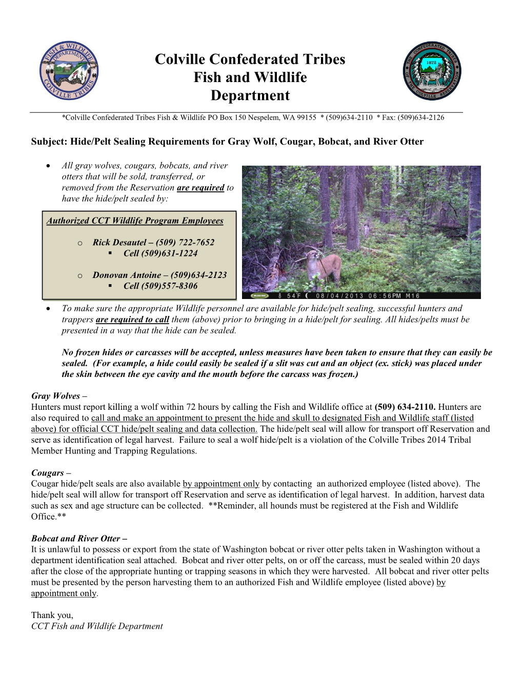 Colville Confederated Tribes Fish and Wildlife Department