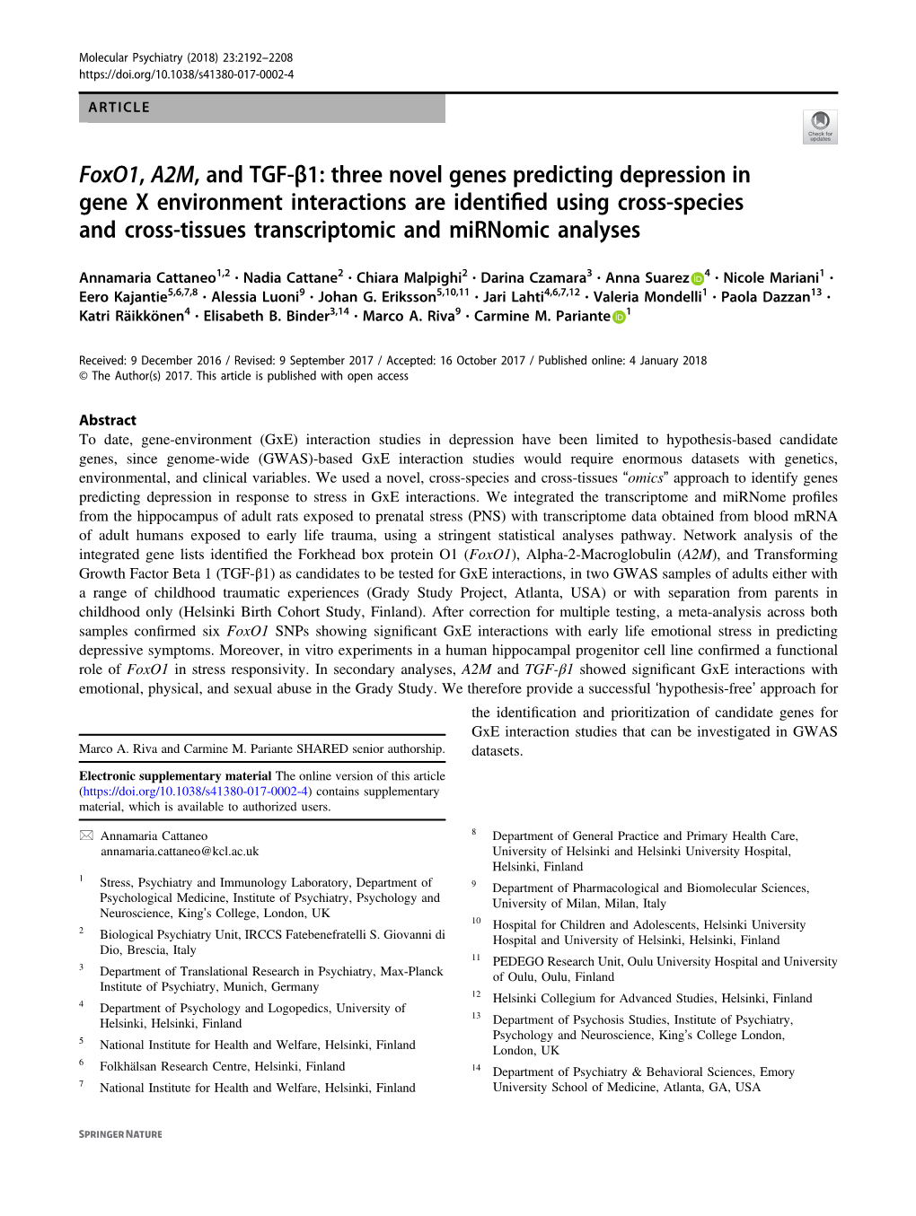 Three Novel Genes Predicting Depression in Gene X Environment Interactions Are Identiﬁed Using Cross-Species and Cross-Tissues Transcriptomic and Mirnomic Analyses