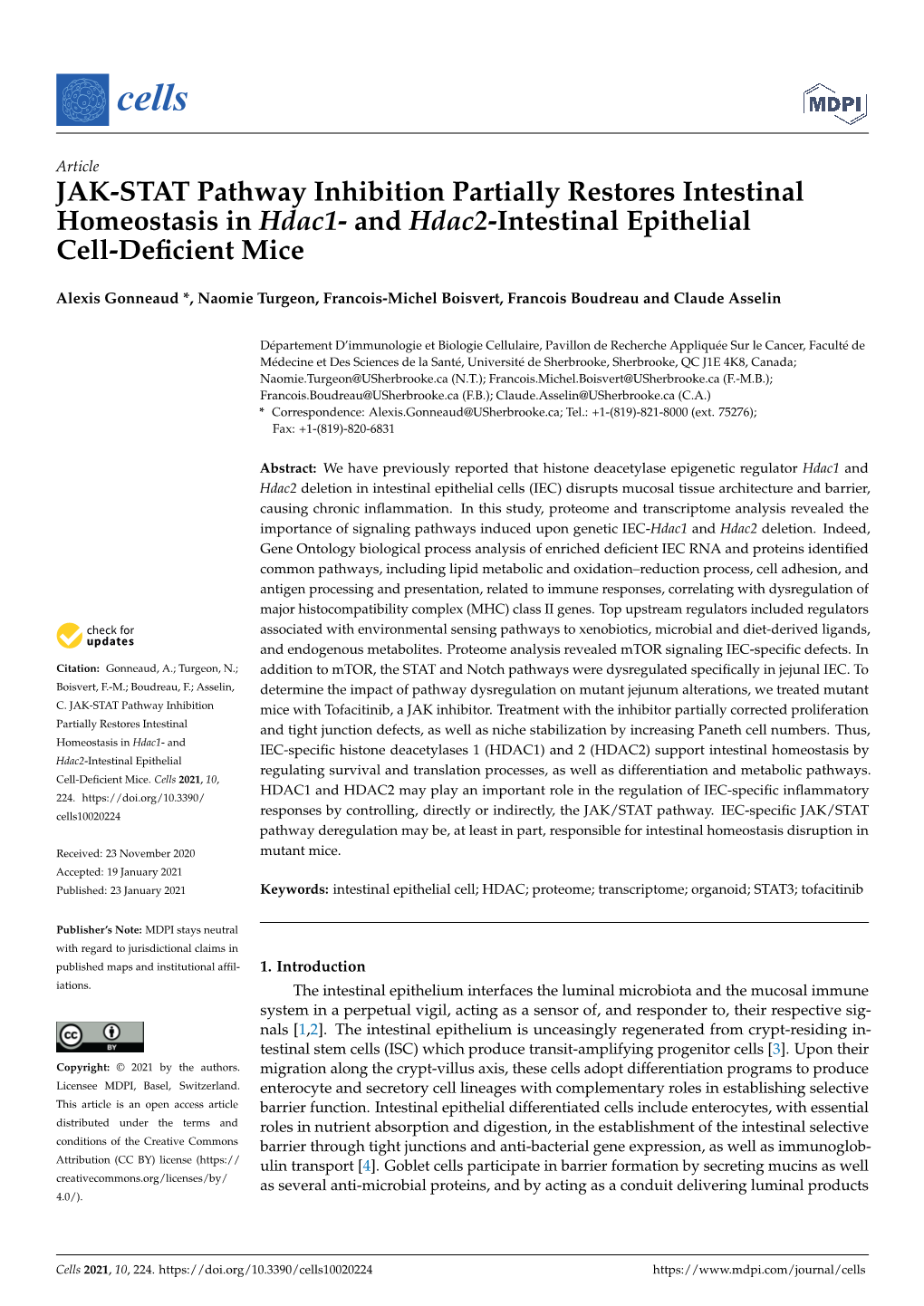 JAK-STAT Pathway Inhibition Partially Restores Intestinal Homeostasis in Hdac1- and Hdac2-Intestinal Epithelial Cell-Deﬁcient Mice