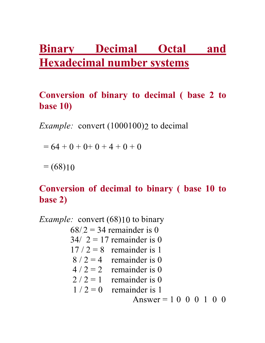 Binary Decimal Octal and Hexadecimal Number Systems