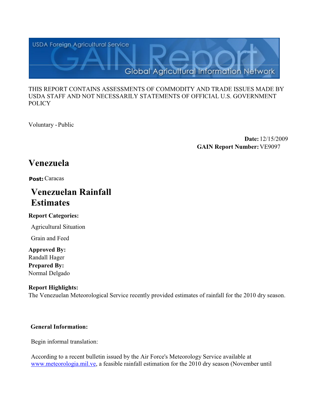 Venezuela Venezuelan Rainfall Estimates