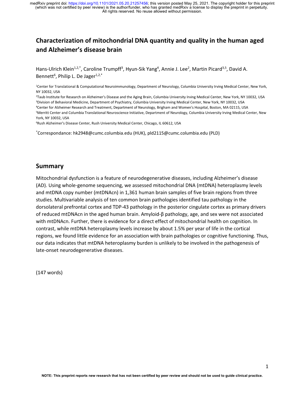 Characterization of Mitochondrial DNA Quantity and Quality in the Human Aged and Alzheimer’S Disease Brain