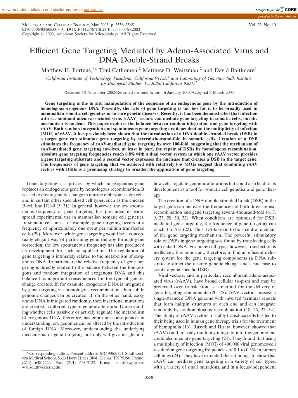 Efficient Gene Targeting Mediated by Adeno-Associated Virus and DNA