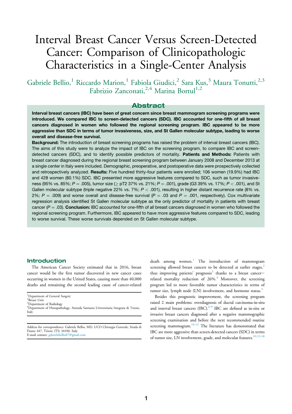 Interval Breast Cancer Versus Screen-Detected Cancer: Comparison of Clinicopathologic Characteristics in a Single-Center Analysis