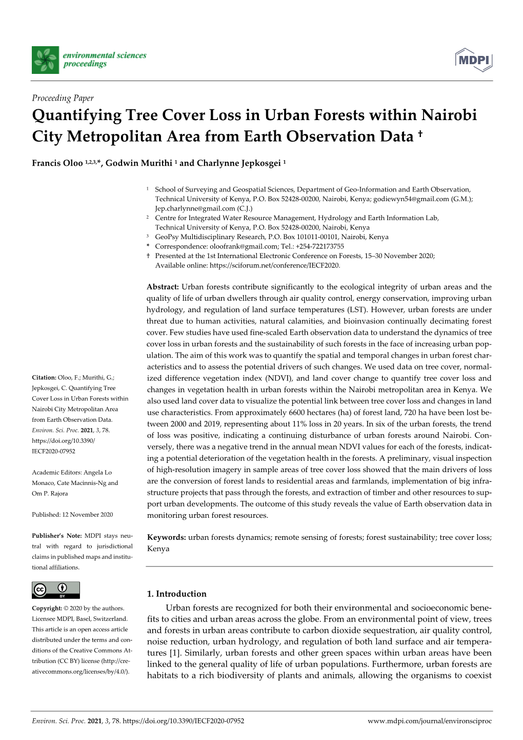 Quantifying Tree Cover Loss in Urban Forests Within Nairobi City Metropolitan Area from Earth Observation Data †